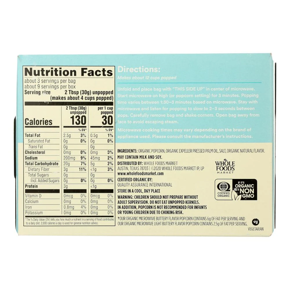 365 Whole Foods Market Organic Buttery Flavor Microve Popcorn 3 Und - Image 3
