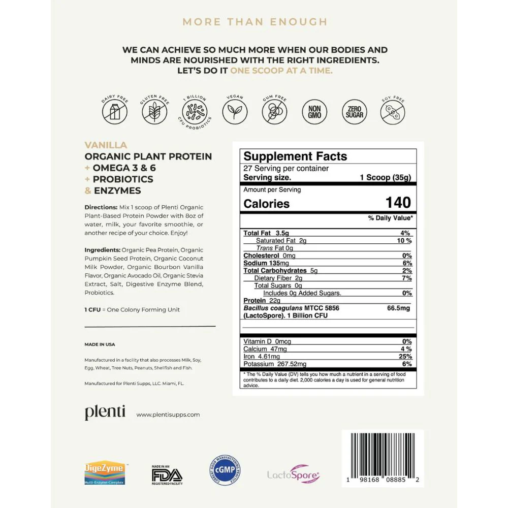 Plenti Proteina Vegetal Organica Sabor a Vainilla 27 Porciones - Image 2