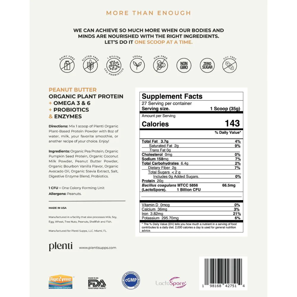 Plenti Proteina Vegetal Organica Sabor a Peanut Butter 27 Porciones - Image 2