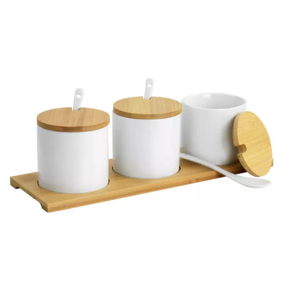 Juego de 3 Tazones Salseros Gibson Elite Con Tapas, cucharas y base de madera